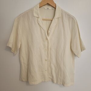 Uniqlo Light Cream Short Sleeve Button-Up Top Shirt Linen Blend Size XS